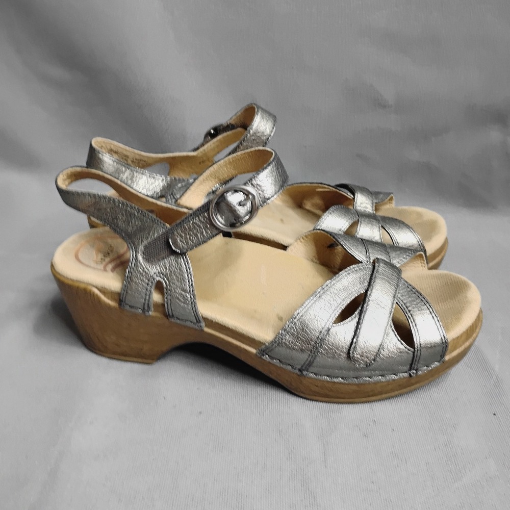 Dansko Womens Thea Metallic Silver Leather Clog Sandals Size 37 US 6.5